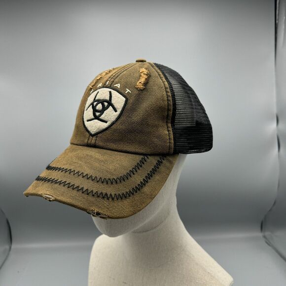 Distressed Ariat Brown Black Baseball Truckers Mesh Hat Adjustable Strap Western - Picture 1 of 12